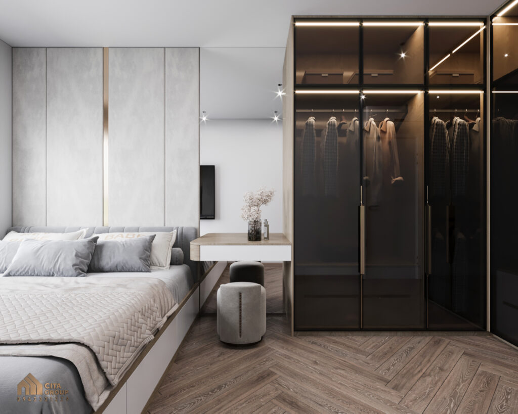 Tông màu chủ đạo của căn phòng là trắng – xám – be, sàn gỗ nâu nhạt tăng thêm cảm giác ấm áp và thư giãn sau một ngày làm việc.